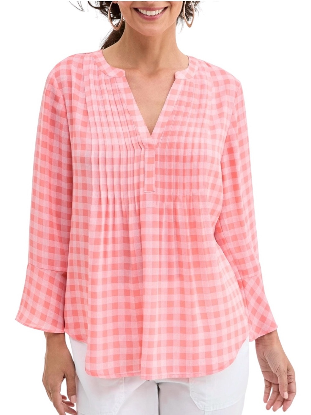 Style & Co. Women's Printed Pintuck Ruffle Sleeve Top Blouse Pink XL